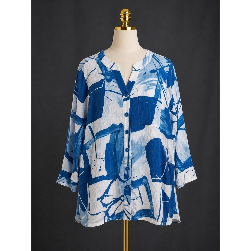 Ali Miles Gauze Crinkle Top Blue White Abstract Button Front Artsy Pockets L